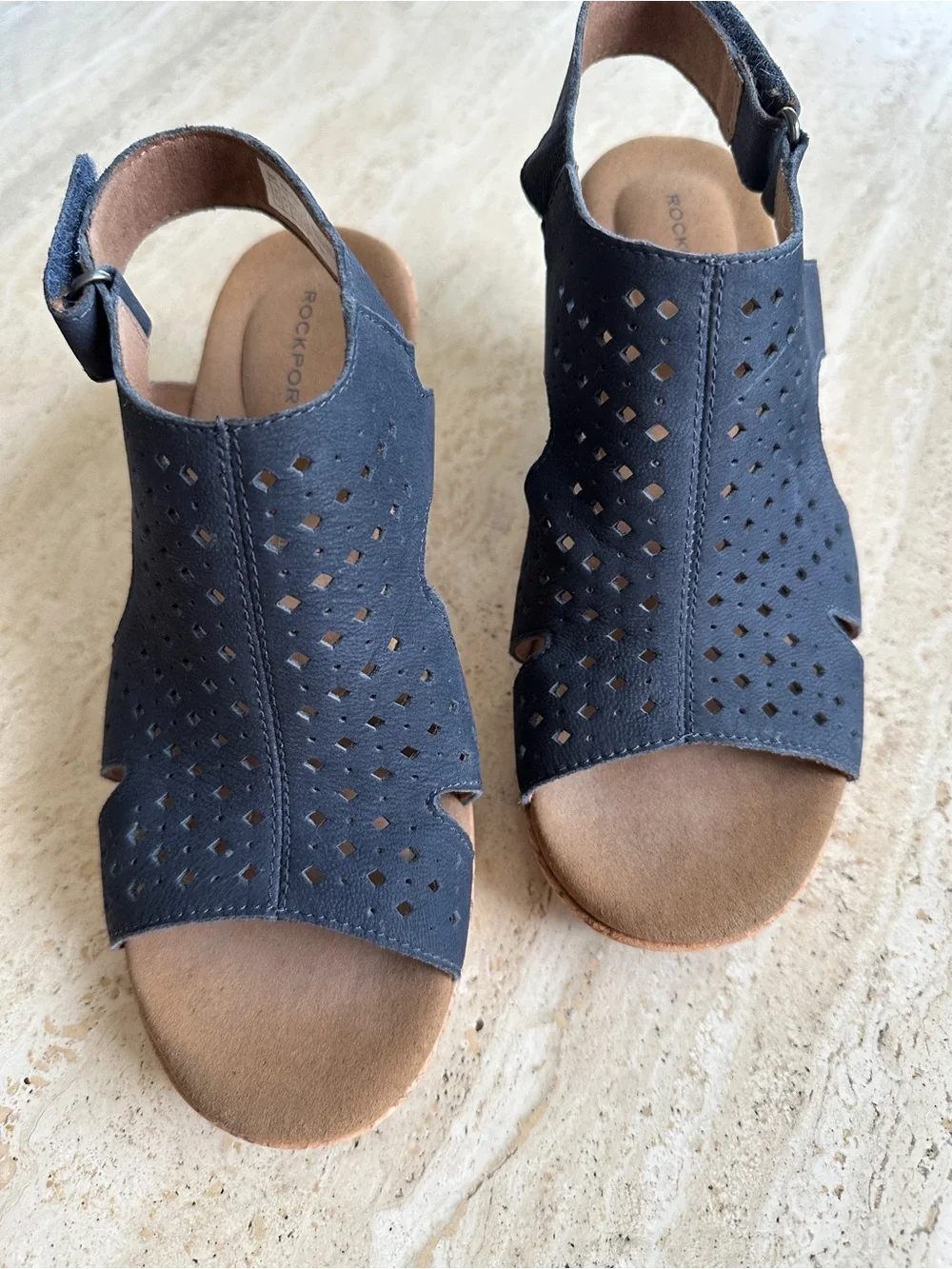 Rockport Navy Perforated Cork Wedge Sandals